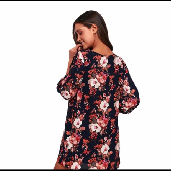 Navy Blue Floral Print Shift Dress w/ sleeves - Picture 4 of 7